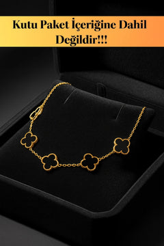 Altın Kaplama Gece Siyahı Oniks Taşlı Form Detaylı Petal Yaprak Model Erkek Çelik Bileklik