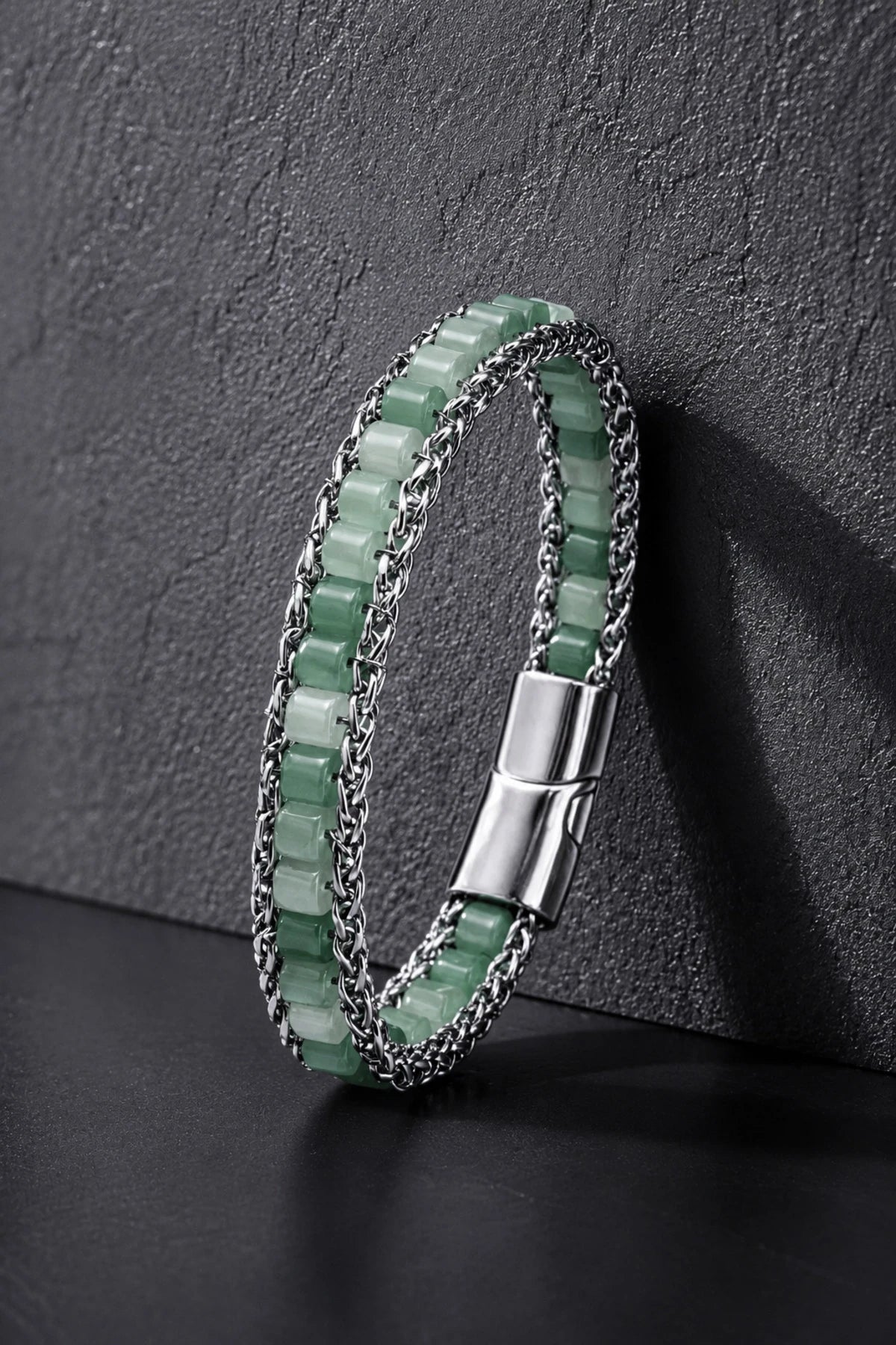 Erkek Çelik Bileklik Doğal Yeşil Aventurin Taşlı Jade Model Örgü Zincir Model Erkek Künye