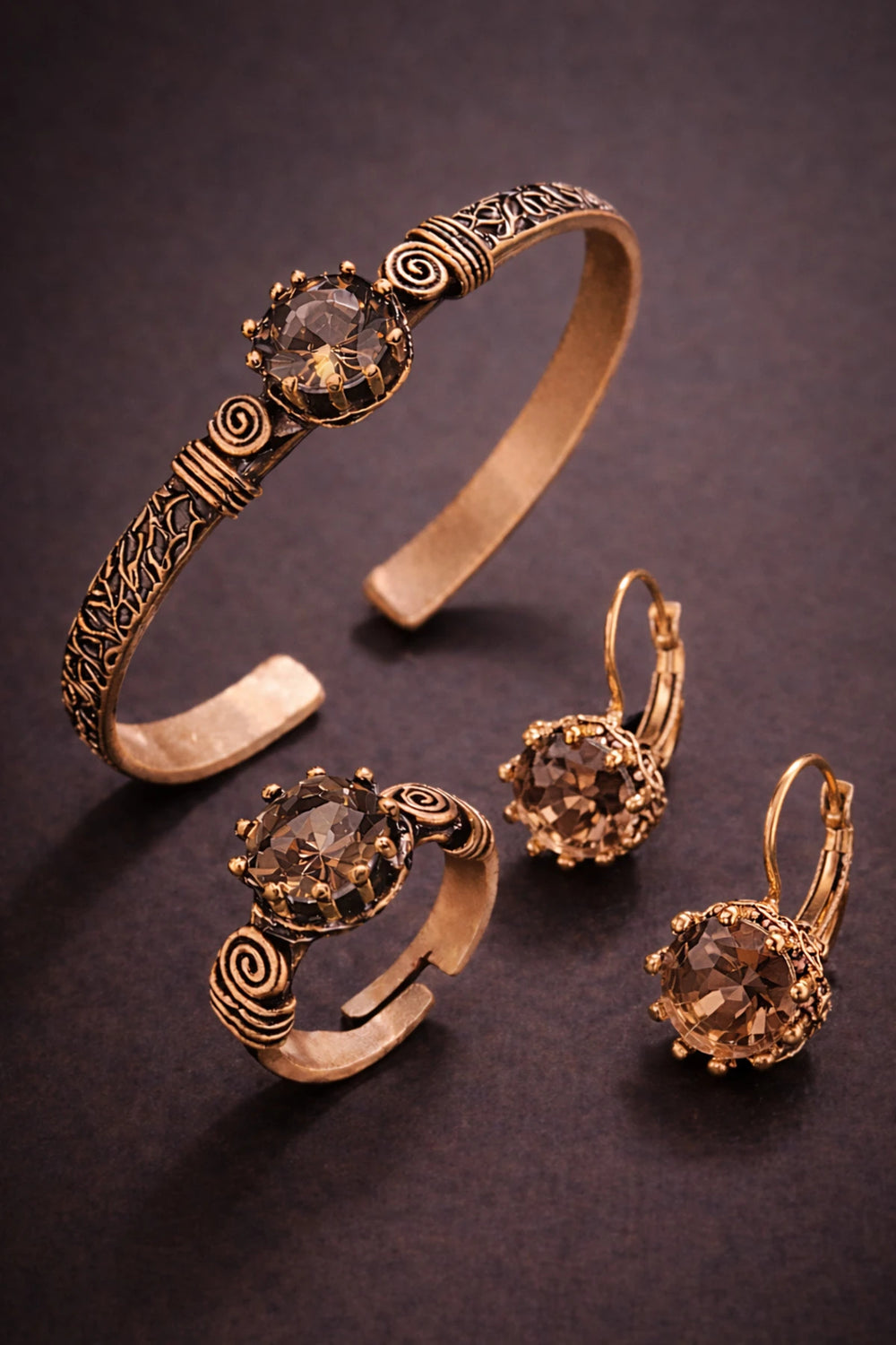 Kadın Bakır Bileklik Yüzük Küpe Seti Doğal Zultanit Taşı Yuvarlak Model Bakır Antialerjik Set