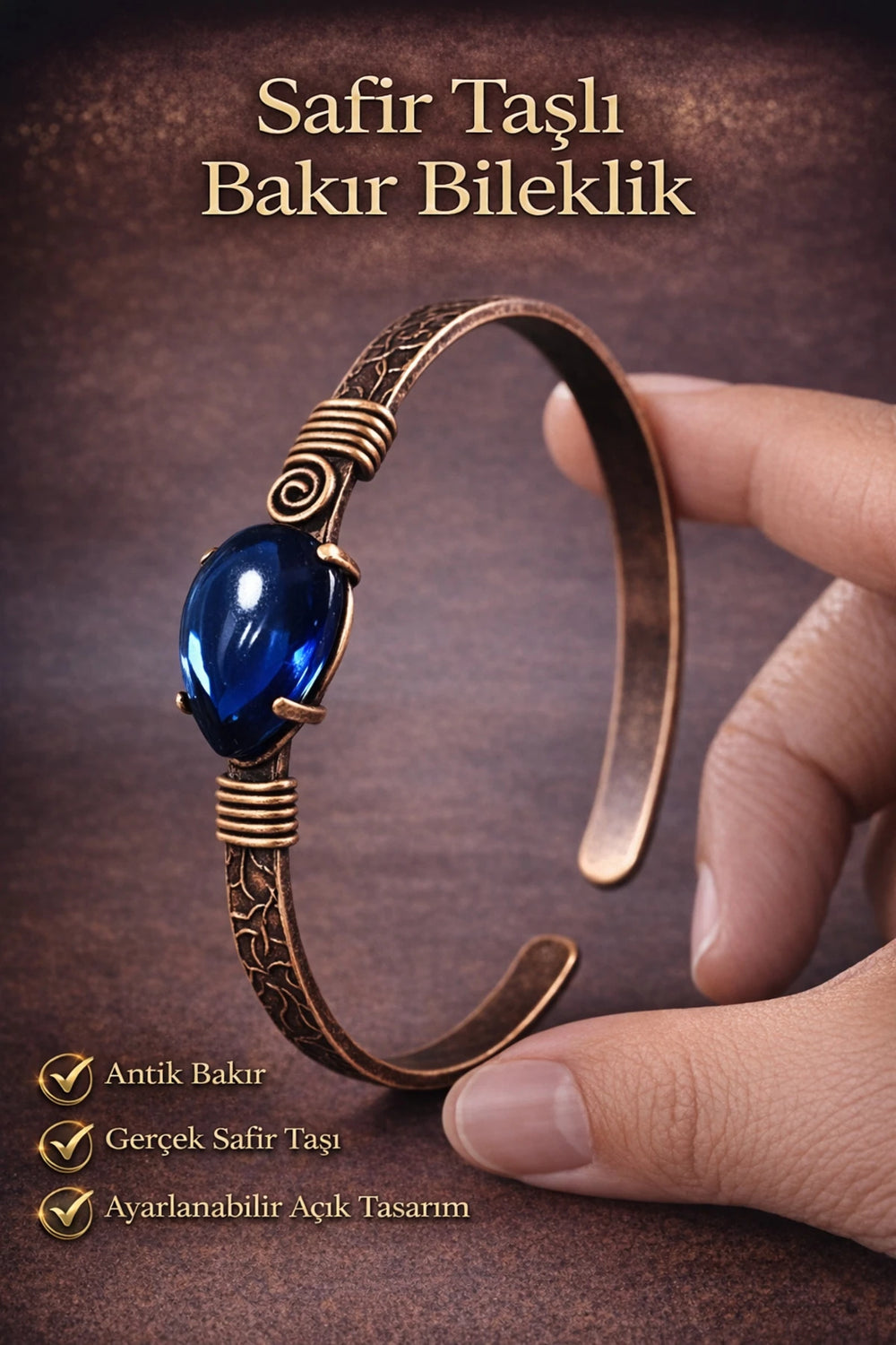 Kadın Bakır Bileklik Safir Doğal Taşlı El İşçiliği Etnik Model Bilezik Metal Kutu Hediye