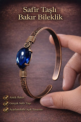 Kadın Bakır Bileklik Safir Doğal Taşlı El İşçiliği Etnik Model Bilezik Metal Kutu Hediye