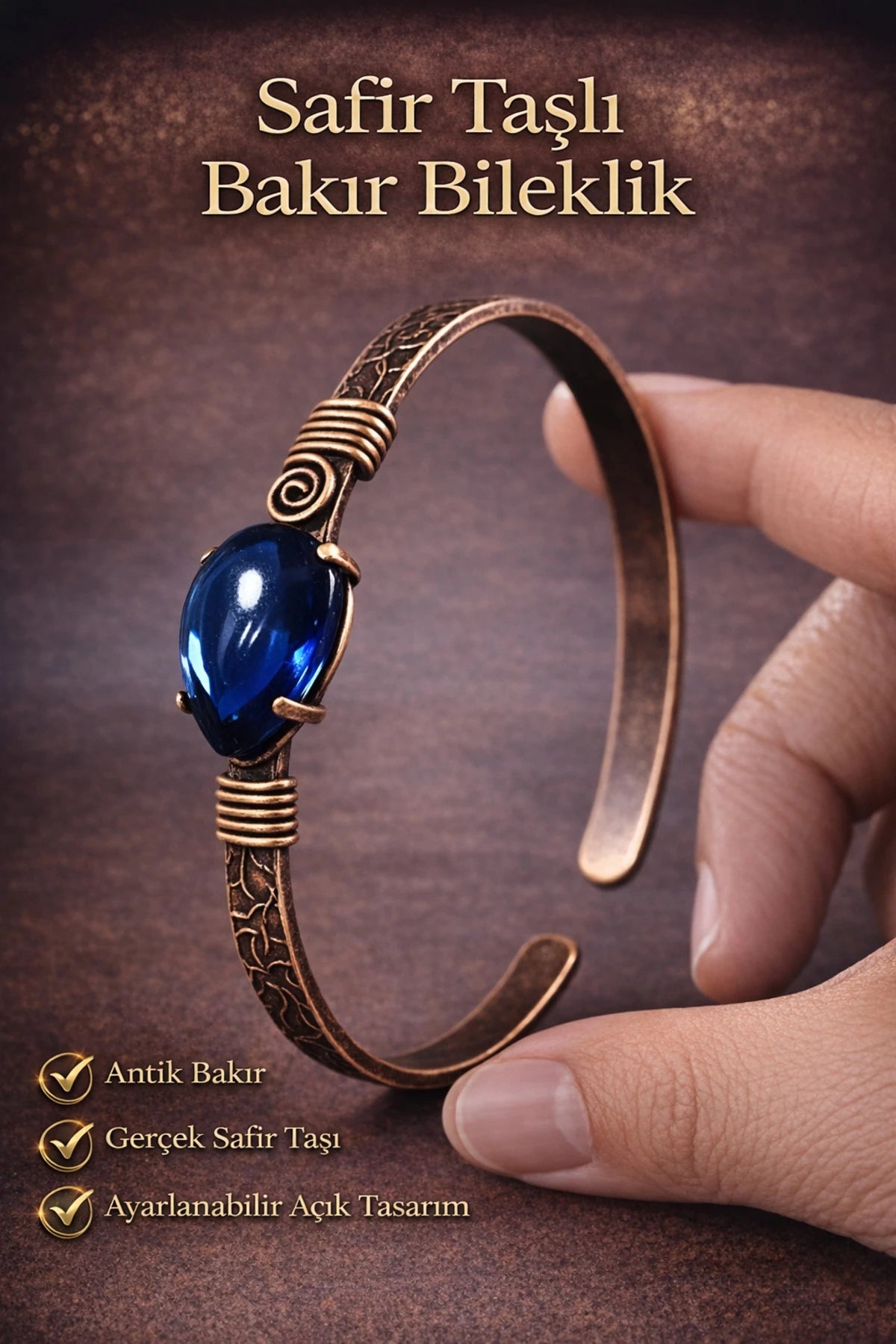 Kadın Bakır Bileklik Safir Doğal Taşlı El İşçiliği Etnik Model Bilezik Metal Kutu Hediye