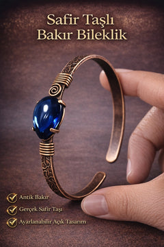 Kadın Bakır Bileklik Safir Doğal Taşlı El İşçiliği Etnik Model Bilezik Metal Kutu Hediye