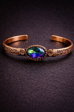 Kadın Bakır Küpe Bileklik Yüzük Takım Seti Doğal Mistik Topaz Taşlı Oval Model Set