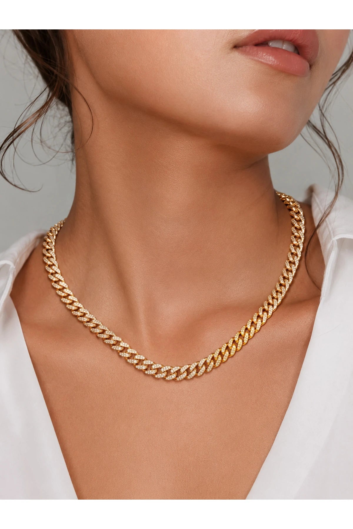 Erkek Kadın Taşlı Altın Kaplama Cuban Chain Kolye Zirkon Taşlı Hip Hop Rapçi Stil Paslanmaz Çelik Kolye