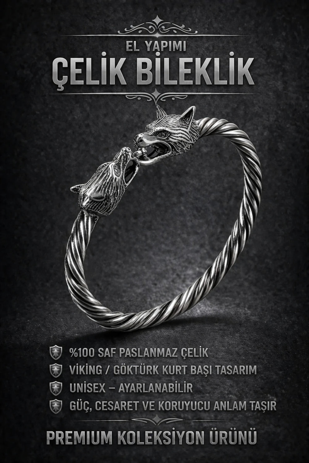 Viking Kurt Başlı Çelik Bileklik – Güç, Cesaret ve Sadakati Sembolize Eden Erkek Çelik Bileklik