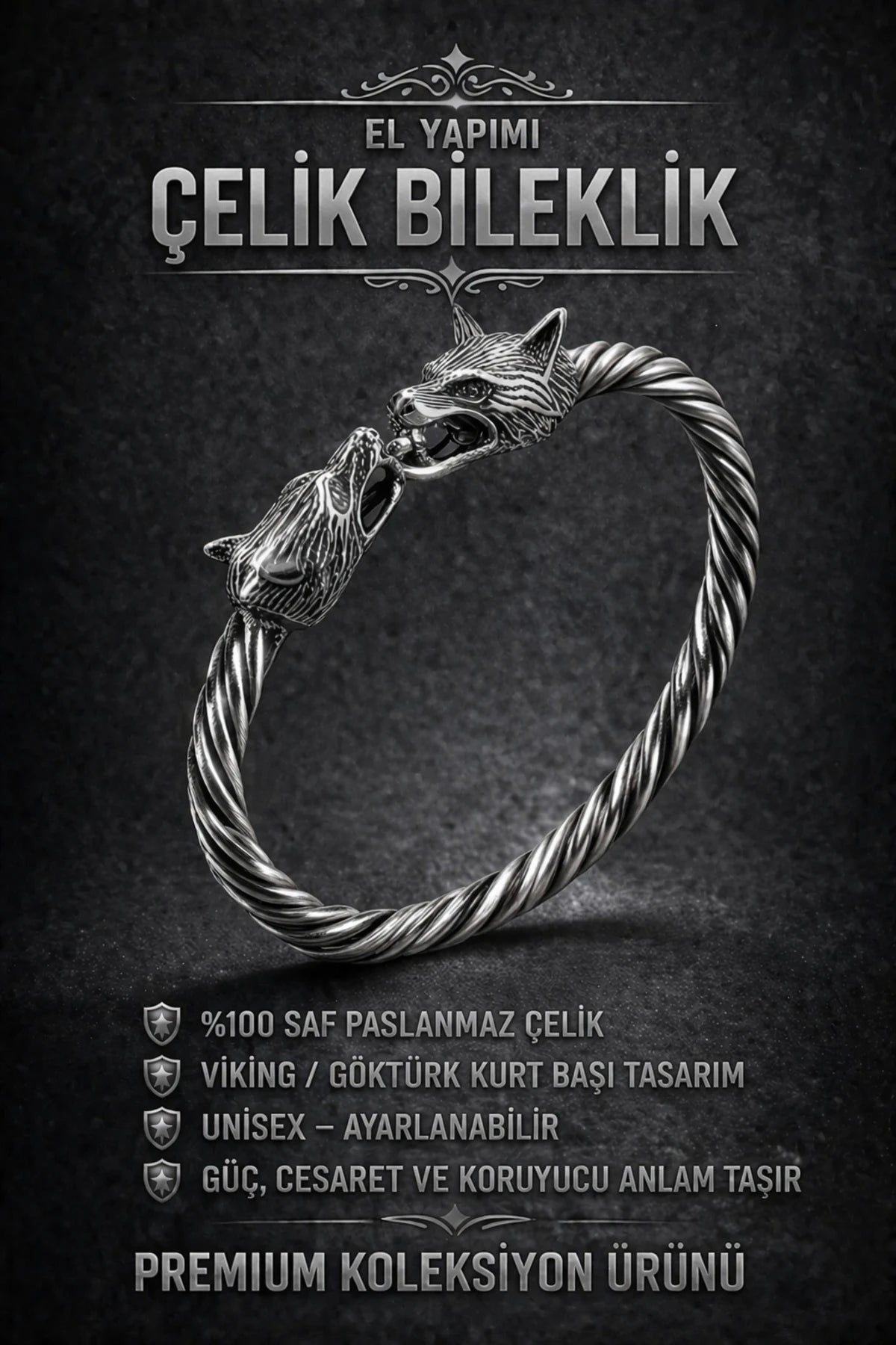 Viking Kurt Başlı Çelik Bileklik – Güç, Cesaret ve Sadakati Sembolize Eden Erkek Çelik Bileklik