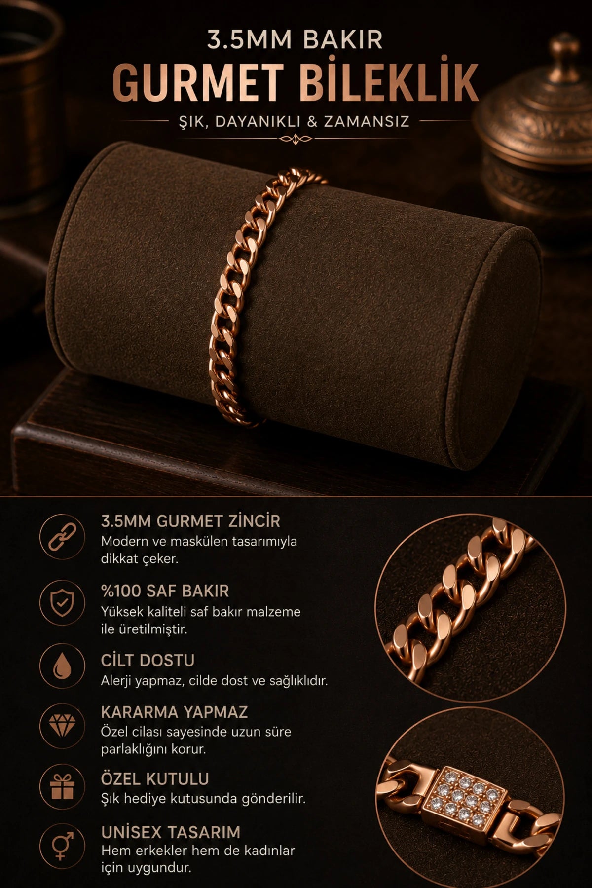 3.5 MM Bakır Gurmet Zincir Bileklik Erkek Kadın Parlak Klasik Zincir Tasarımı