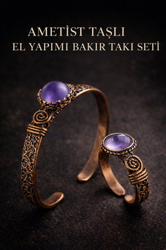 Kadın Bakır Bileklik ve Yüzük Takım Seti Ametist Taşlı Set