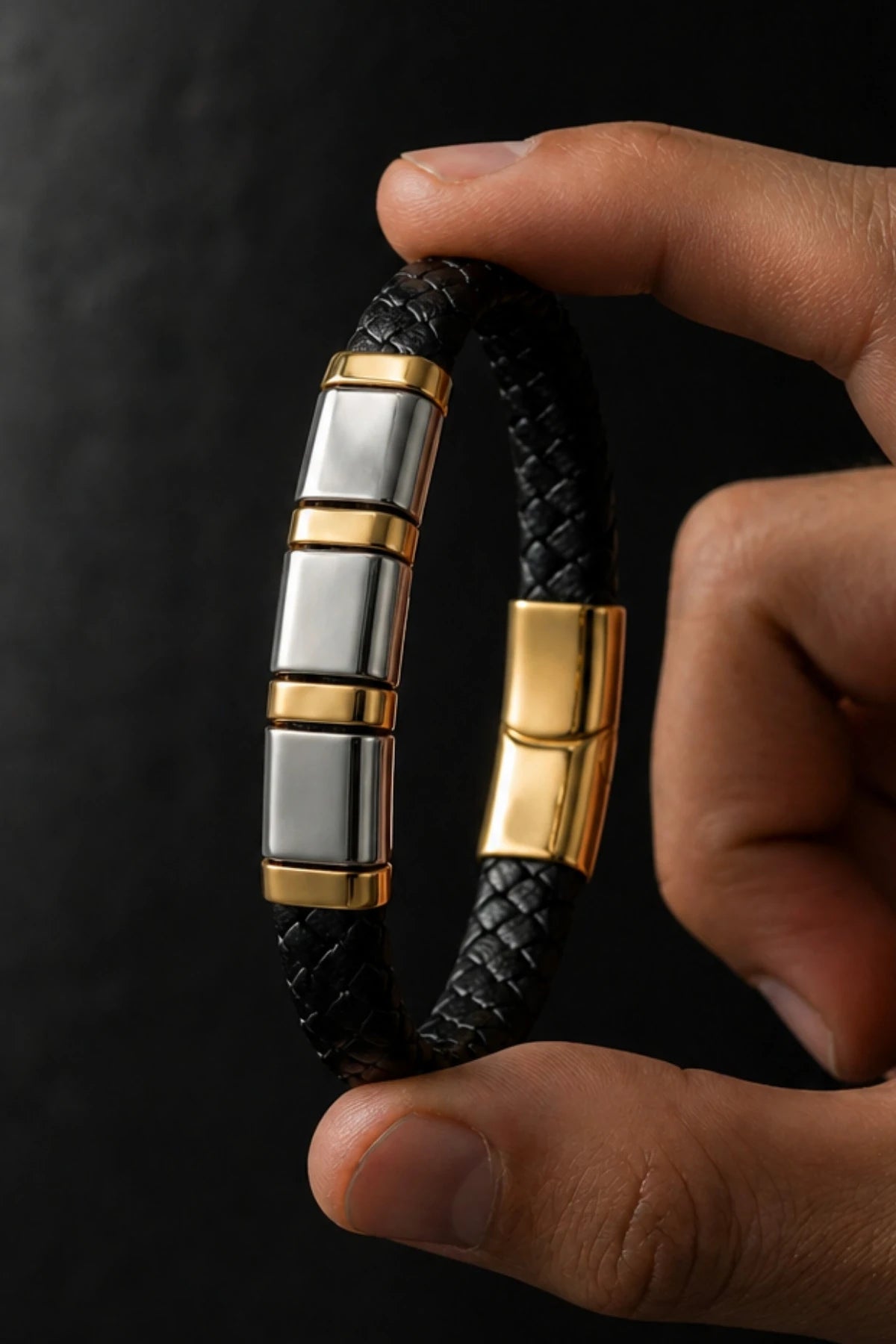 Erkek Deri Bileklik Çelik ve Altın Renk Detaylı Örgü Tasarım Kilitli Şık Bileklik