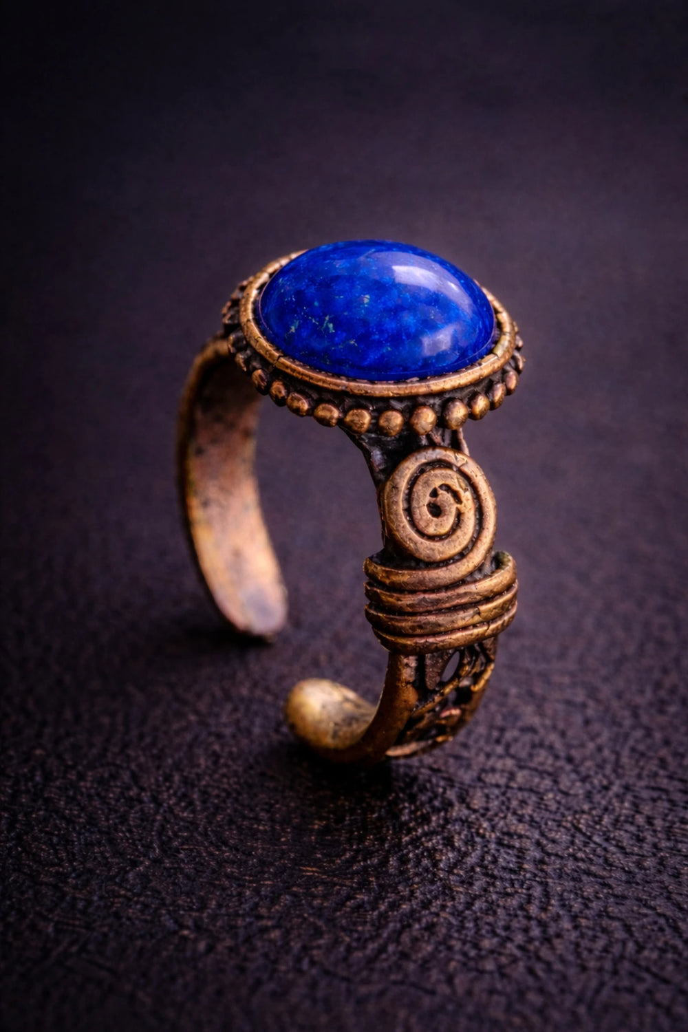 Kadın Bakır Yüzük Doğal Lapis Lazuli Taşlı El İşçiliği Otantik Model Saf Bakır Yüzük