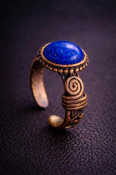 Kadın Bakır Yüzük Doğal Lapis Lazuli Taşlı El İşçiliği Otantik Model Saf Bakır Yüzük