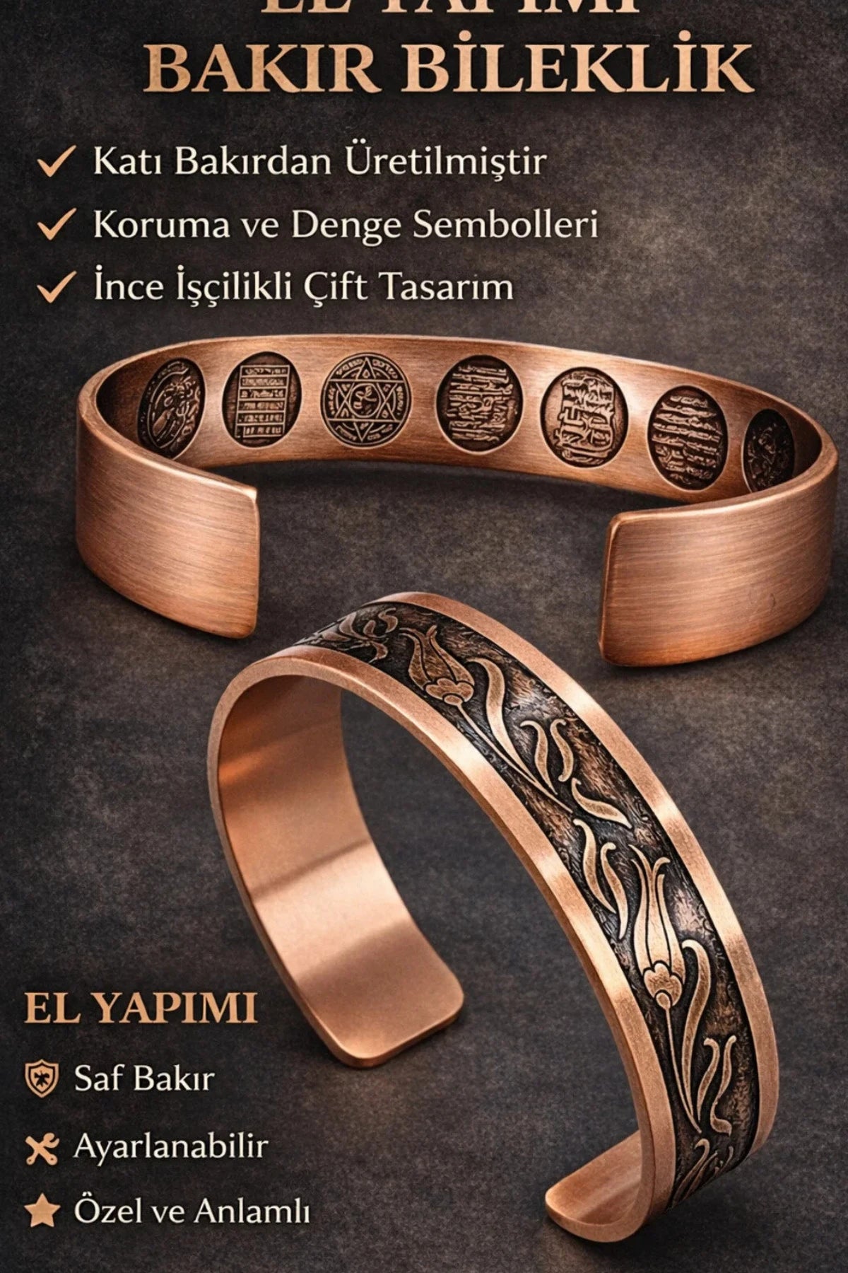 Erkek Kadın Bakır Bileklik ve Yüzük Set Felak, Nas, Celcelutiye ve Hz. Süleyman Mühürlü Koruyucu Dualı Model