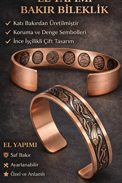 Erkek Kadın Bakır Bileklik ve Yüzük Set Felak, Nas, Celcelutiye ve Hz. Süleyman Mühürlü Koruyucu Dualı Model
