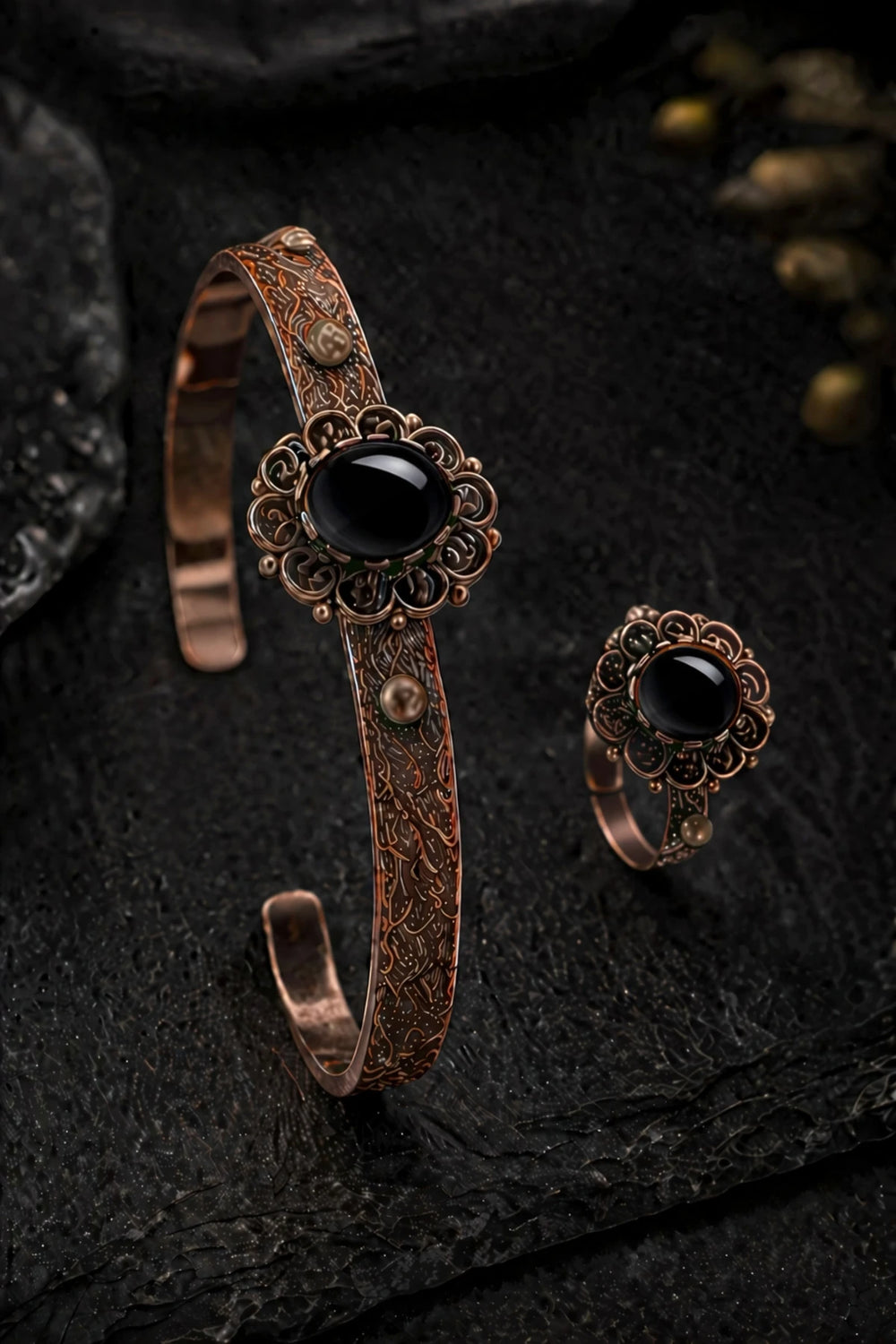 Kadın Bakır Bileklik Yüzük Set Doğal Siyah Oniks Taşlı Otantik Model Set