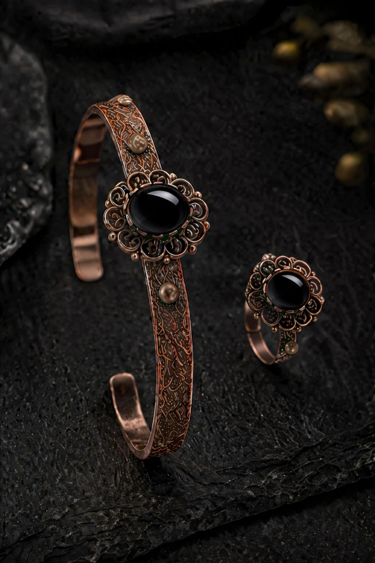 Kadın Bakır Bileklik Yüzük Set Doğal Siyah Oniks Taşlı Otantik Model Set
