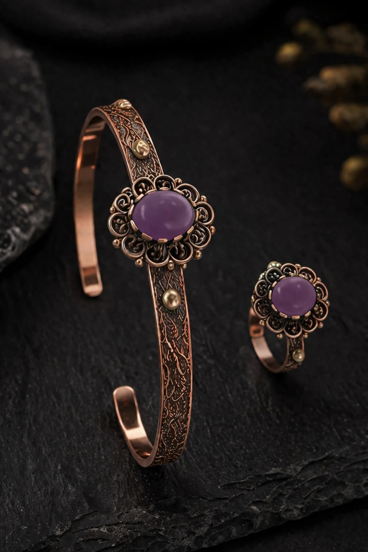 Kadın Bakır Bileklik Yüzük Set Doğal Mor Ametist Taşlı Otantik Model Set