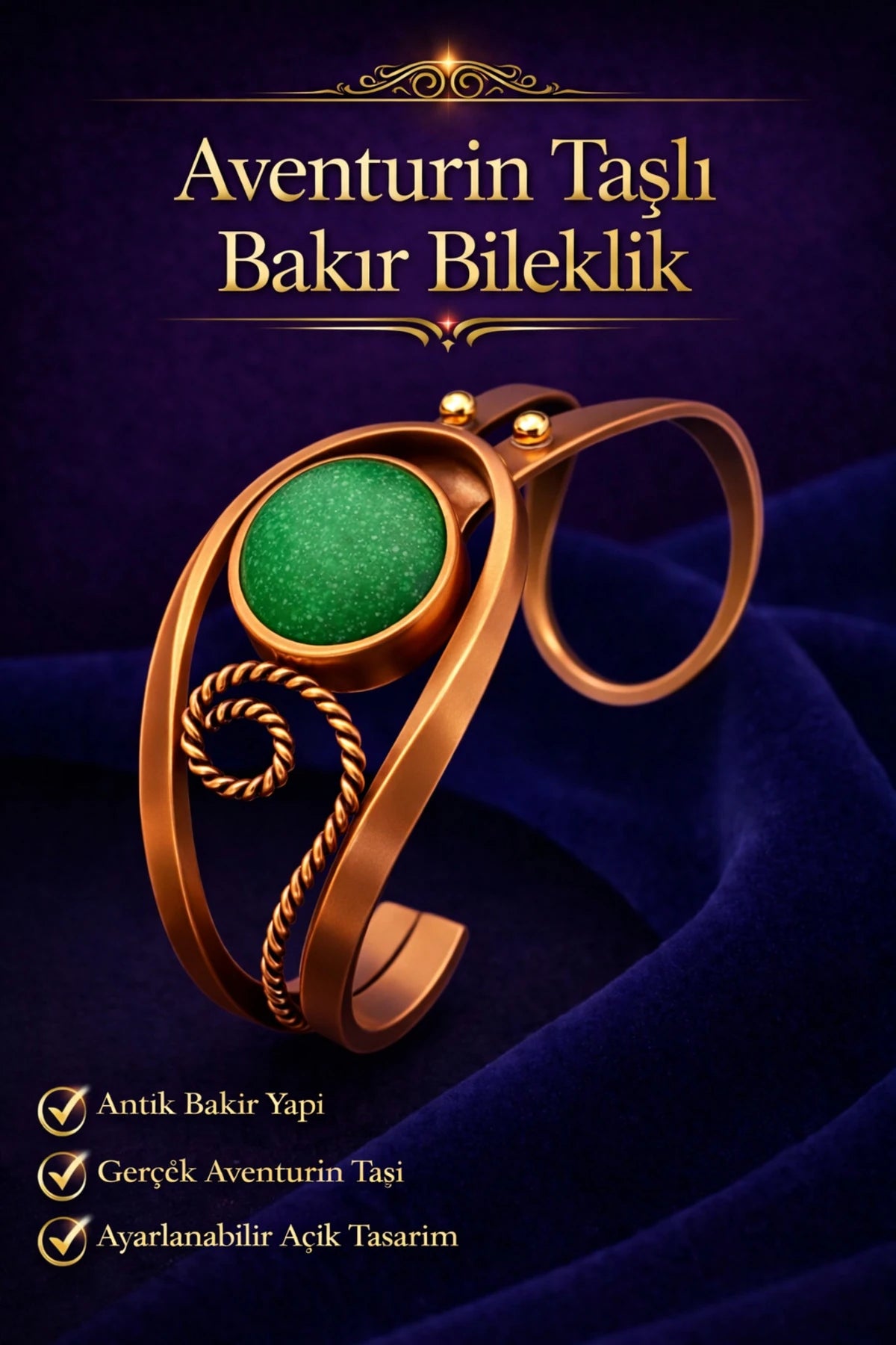 Kadın Bakır Bileklik Doğal Aventurin Taşlı Otantik Model Bilezik Her Bileğe Uygun