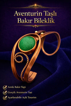 Kadın Bakır Bileklik Doğal Aventurin Taşlı Otantik Model Bilezik Her Bileğe Uygun