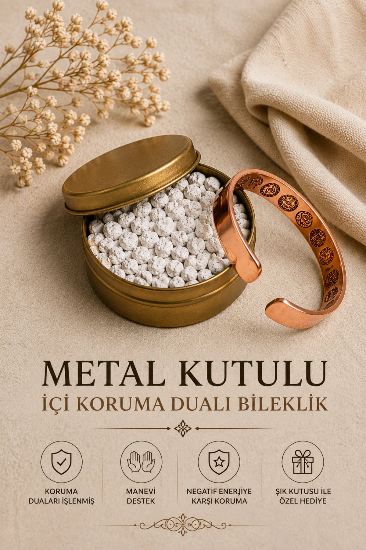 İçi Dualı Erkek Kadın %100 Saf Bakır Bileklik – Ayetel Kürsi, Mühr-ü Şerif, Elif Vav – Ayarlanabilir Metal Kutu Hediye