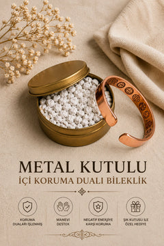 İçi Dualı Erkek Kadın %100 Saf Bakır Bileklik – Ayetel Kürsi, Mühr-ü Şerif, Elif Vav – Ayarlanabilir Metal Kutu Hediye
