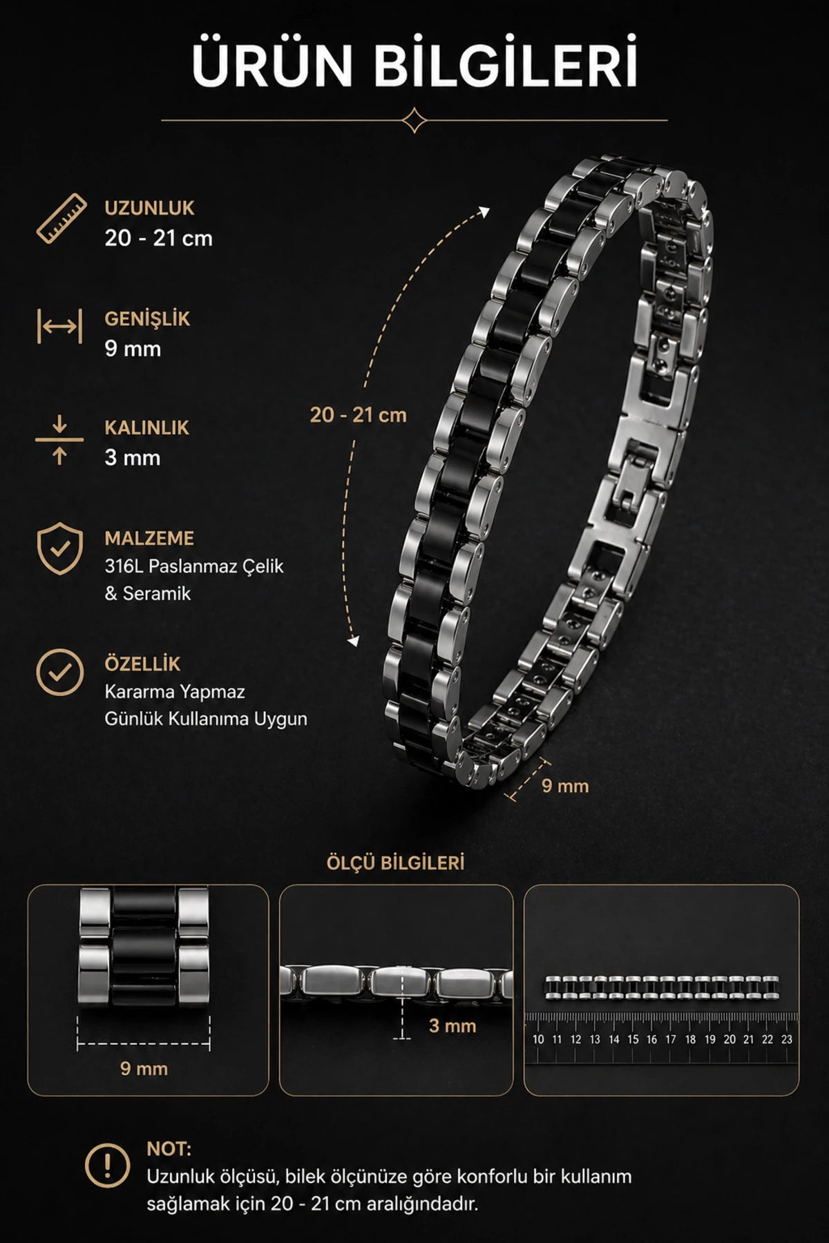 Erkek Paslanmaz Çelik Bileklik Siyah Detaylı Zincir Model Modern Şık Dayanıklı Tasarım