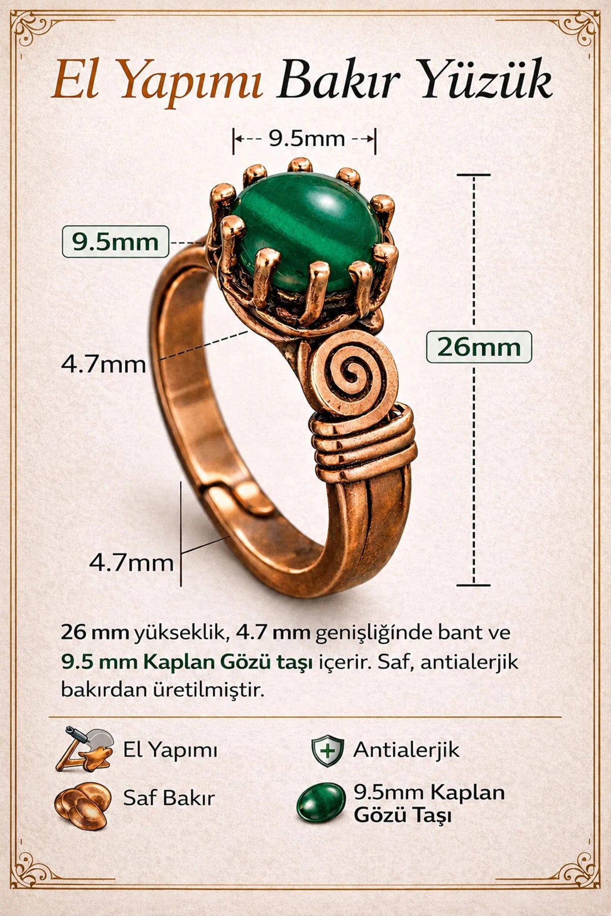 El Yapımı Yeşil Akik Taşlı Bakır Yüzük 9.5mm Doğal Taş Antialerjik Kadın Ayarlanabilir Yüzük