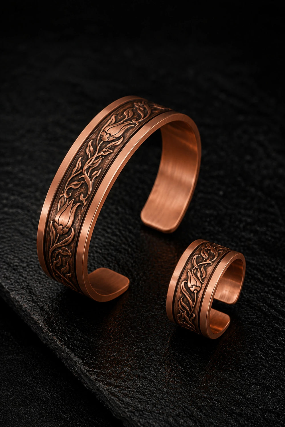 Erkek Kadın Bakır Bileklik ve Yüzük Set Felak, Nas, Celcelutiye ve Hz. Süleyman Mühürlü Koruyucu Dualı Model