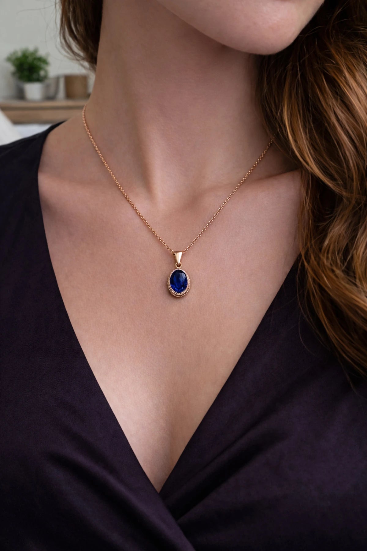 Kadın Bakır Kolye Doğal Koyu Mavi Safir Taşlı Minimal Model Kolye
