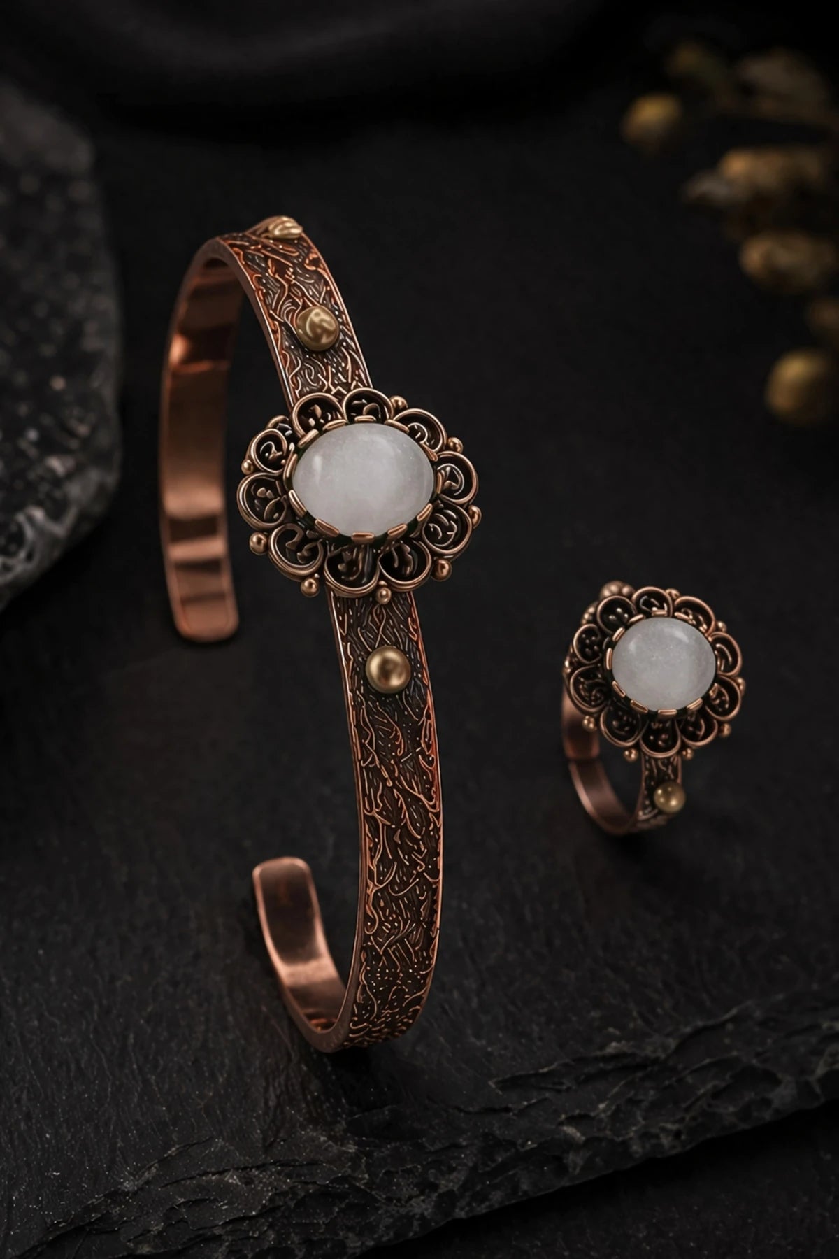 Kadın Bakır Bileklik Yüzük Set Doğal Yeşil Akik Taşlı Otantik Model Set