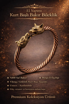 Viking Kurt Başlı Bakır Bileklik – Güç, Cesaret ve Sadakati Sembolize Eden Erkek Bakır Bileklik