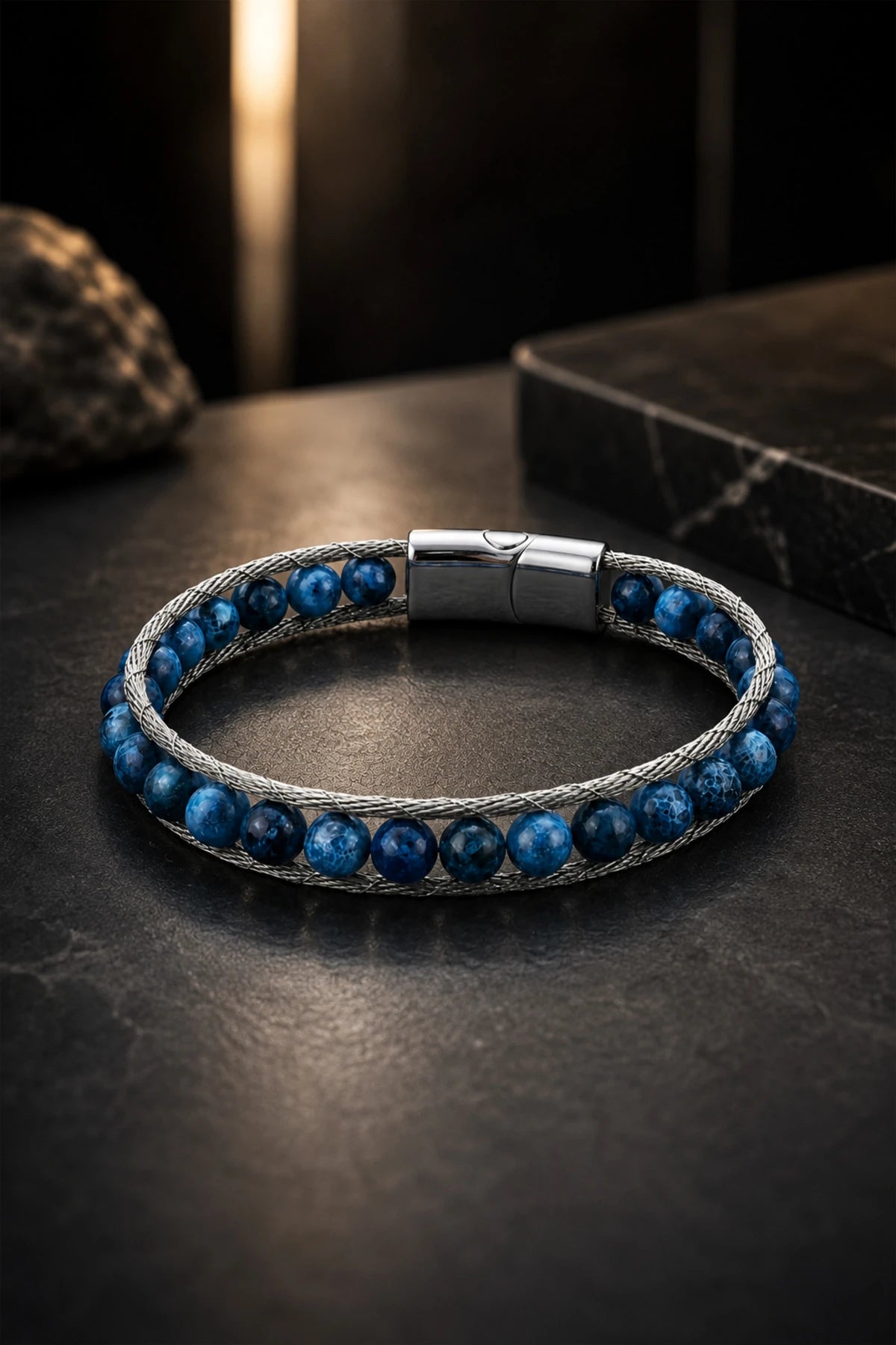 Erkek Çelik Lapis Lazuli Doğal Taş Bileklik Çift Sıra Örgü Tasarım Şık Modern Bileklik