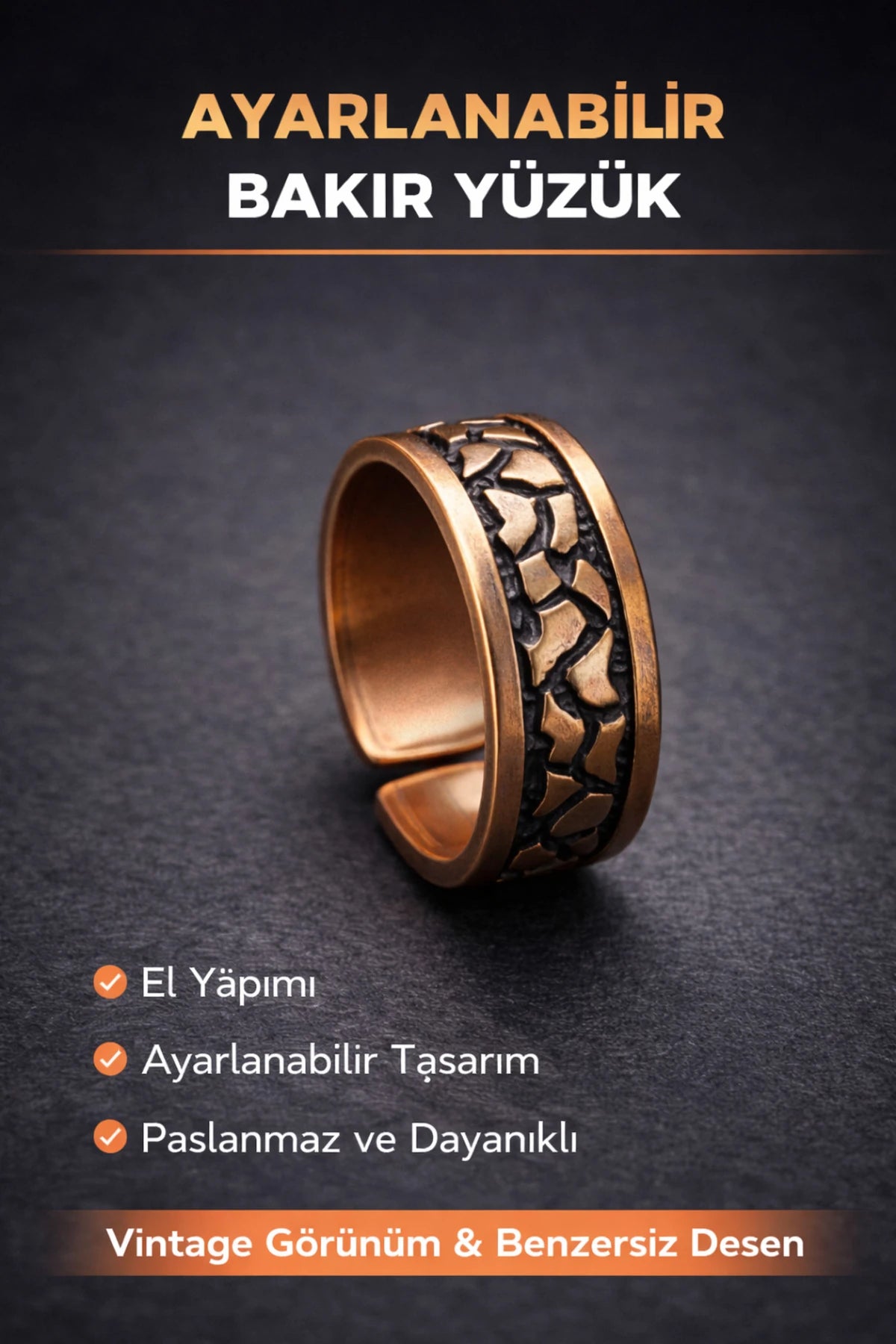 Erkek Bakır Yüzük Üstü Desenli Otanik Model Ayarlanabilir Erkek Yüzük