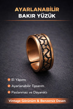 Erkek Bakır Yüzük Üstü Desenli Otanik Model Ayarlanabilir Erkek Yüzük
