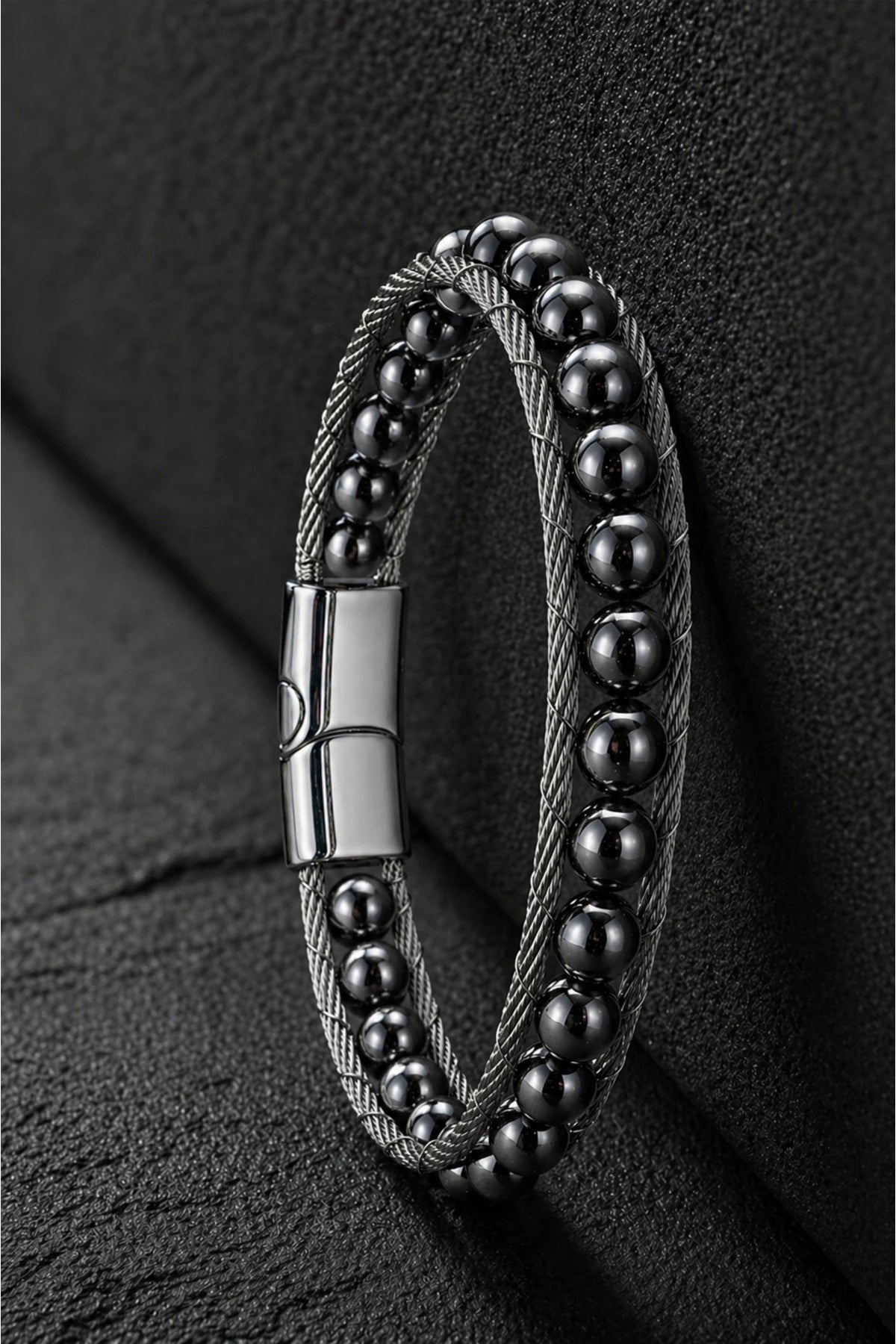Erkek Doğal Hematit Taşlı Çelik Bileklik Çok Katmanlı Örgü Tasarım Kilitli Şık Dayanıklı Bileklik