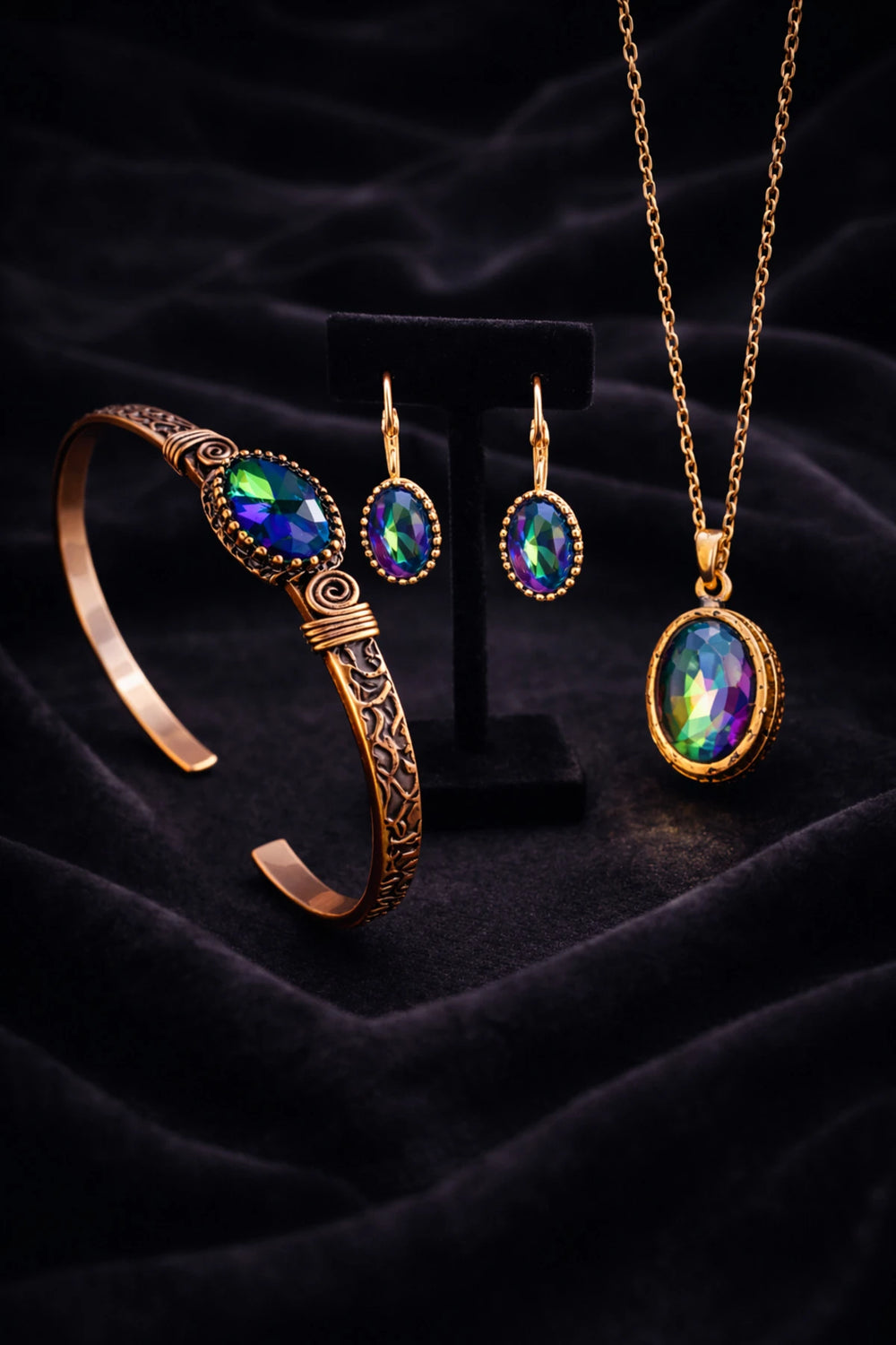 Kadın Bakır Küpe Bileklik Kolye Takım Seti Doğal Mistik Topaz Taşlı Oval Model Set