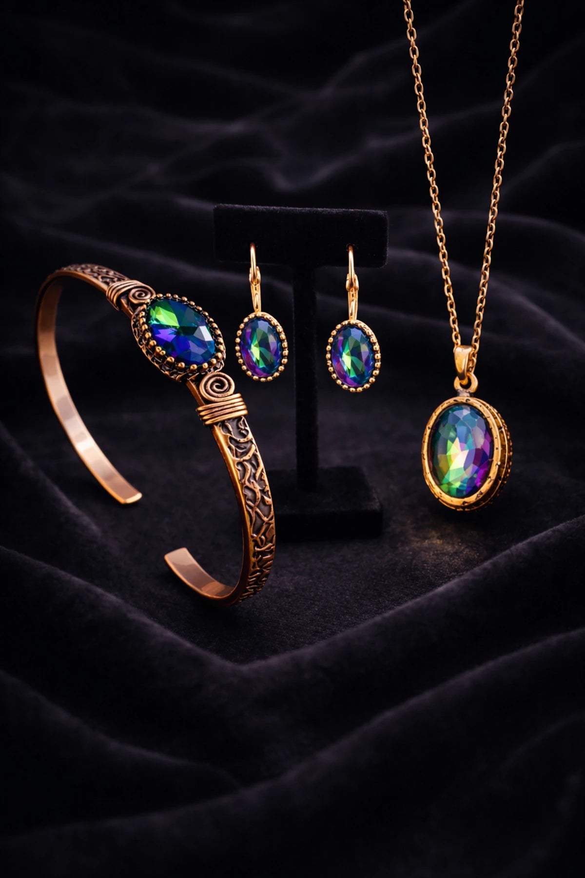 Kadın Bakır Küpe Bileklik Kolye Takım Seti Doğal Mistik Topaz Taşlı Oval Model Set