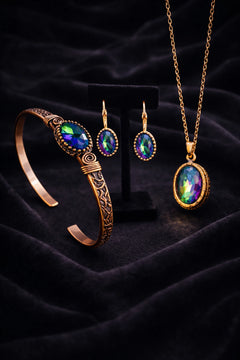 Kadın Bakır Küpe Bileklik Kolye Takım Seti Doğal Mistik Topaz Taşlı Oval Model Set