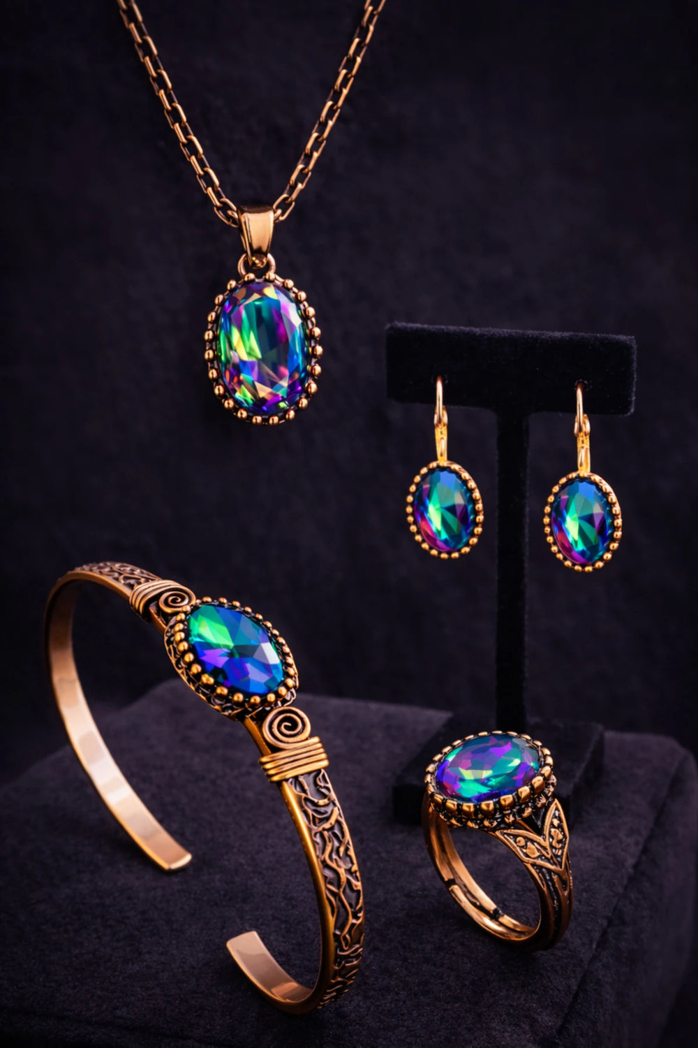Kadın Bakır Bileklik Yüzük Küpe Kolye Takım Seti Doğal Mistik Topaz Oval Model Bakır Set