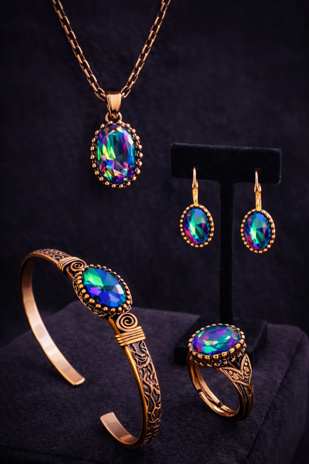Kadın Bakır Bileklik Yüzük Küpe Kolye Takım Seti Doğal Mistik Topaz Oval Model Bakır Set