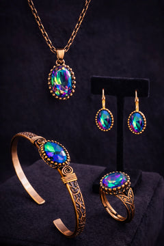 Kadın Bakır Bileklik Yüzük Küpe Kolye Takım Seti Doğal Mistik Topaz Oval Model Bakır Set
