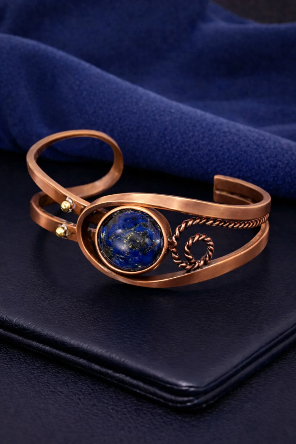 Kadın Bakır Bileklik Doğal Lacivert Lapis Lazuli Taşlı Otantik Model Bilezik Her Bileğe Uygun