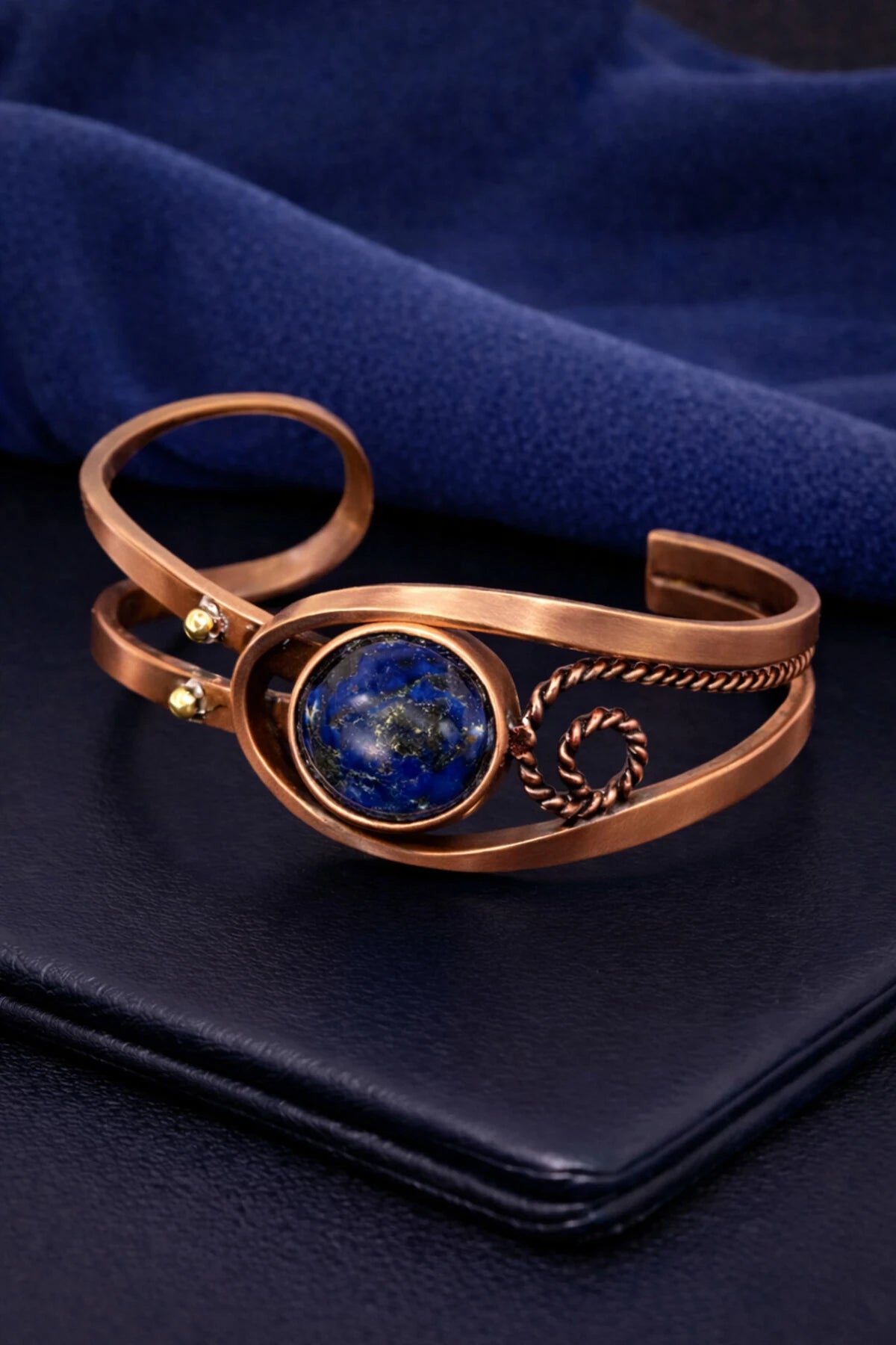 Kadın Bakır Bileklik Doğal Lacivert Lapis Lazuli Taşlı Otantik Model Bilezik Her Bileğe Uygun