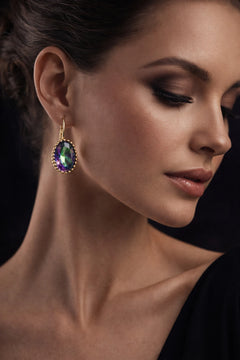 Kadın Bakır Küpe Bileklik Kolye Takım Seti Doğal Mistik Topaz Taşlı Oval Model Set