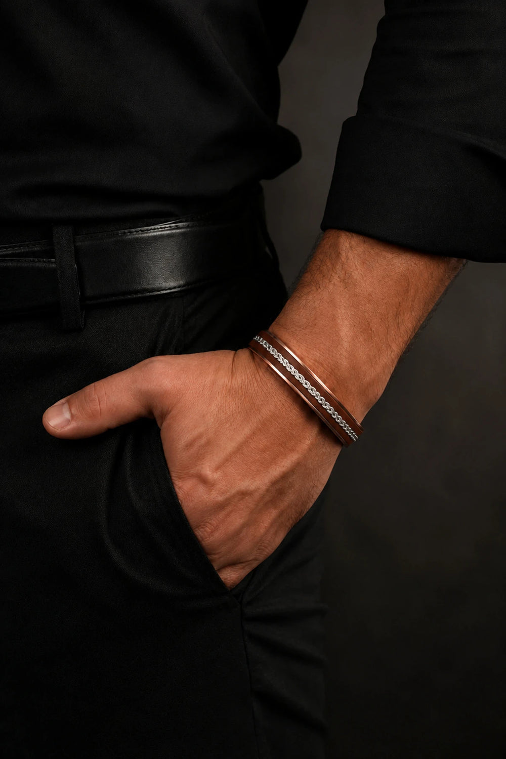 Erkek Kadın Bakır Bileklik Kahverengi Deri Üstü Çelik Burgu Zincir Mıknatıslı Model Saf Bakır Bileklik