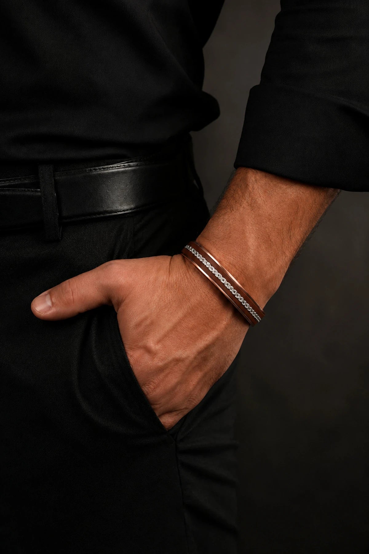 Erkek Kadın Bakır Bileklik Kahverengi Deri Üstü Çelik Burgu Zincir Mıknatıslı Model Saf Bakır Bileklik