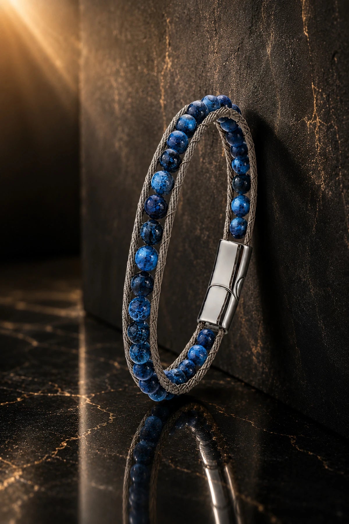 Erkek Çelik Lapis Lazuli Doğal Taş Bileklik Çift Sıra Örgü Tasarım Şık Modern Bileklik
