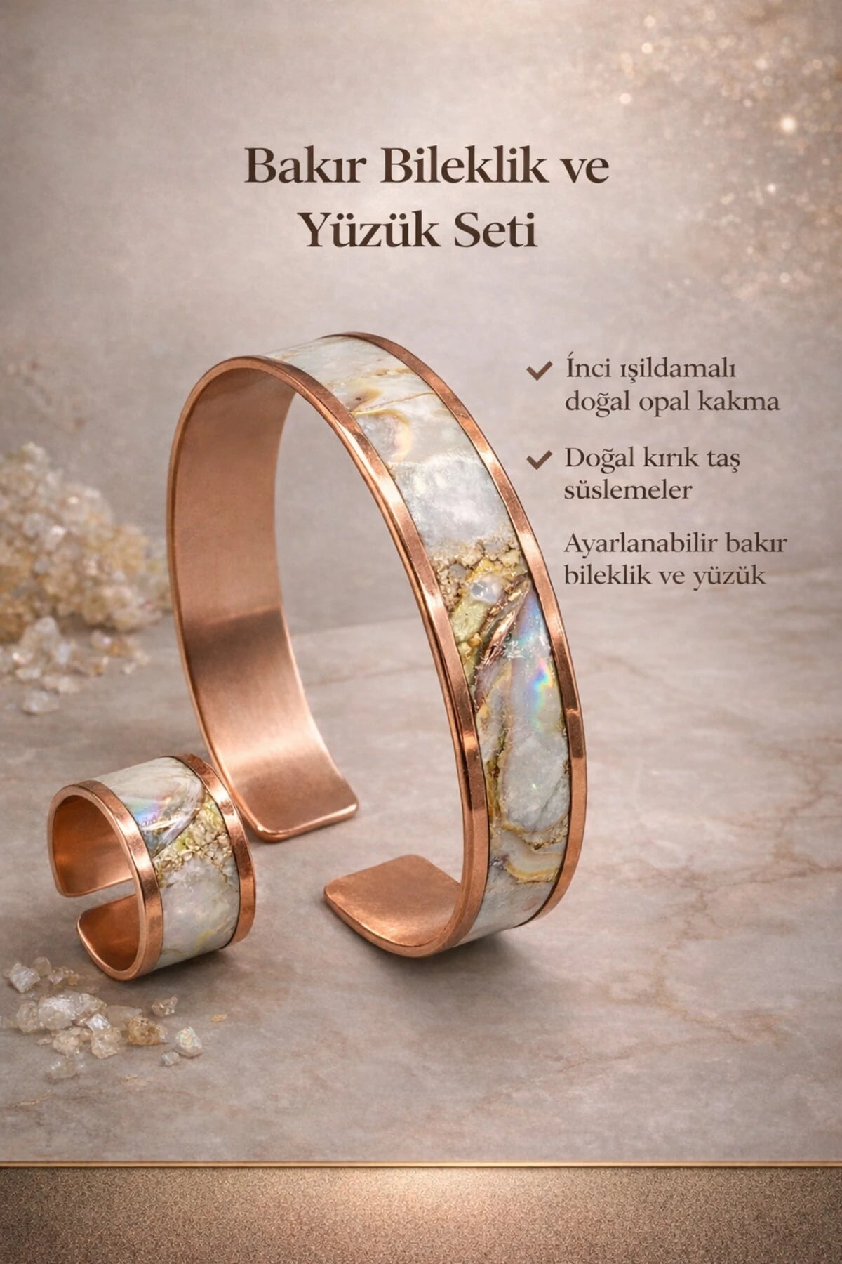 Kadın Bakır Bileklik Yüzük Set Güneş Işığı Model Ayarlanabilir Kelepçe Bilezik