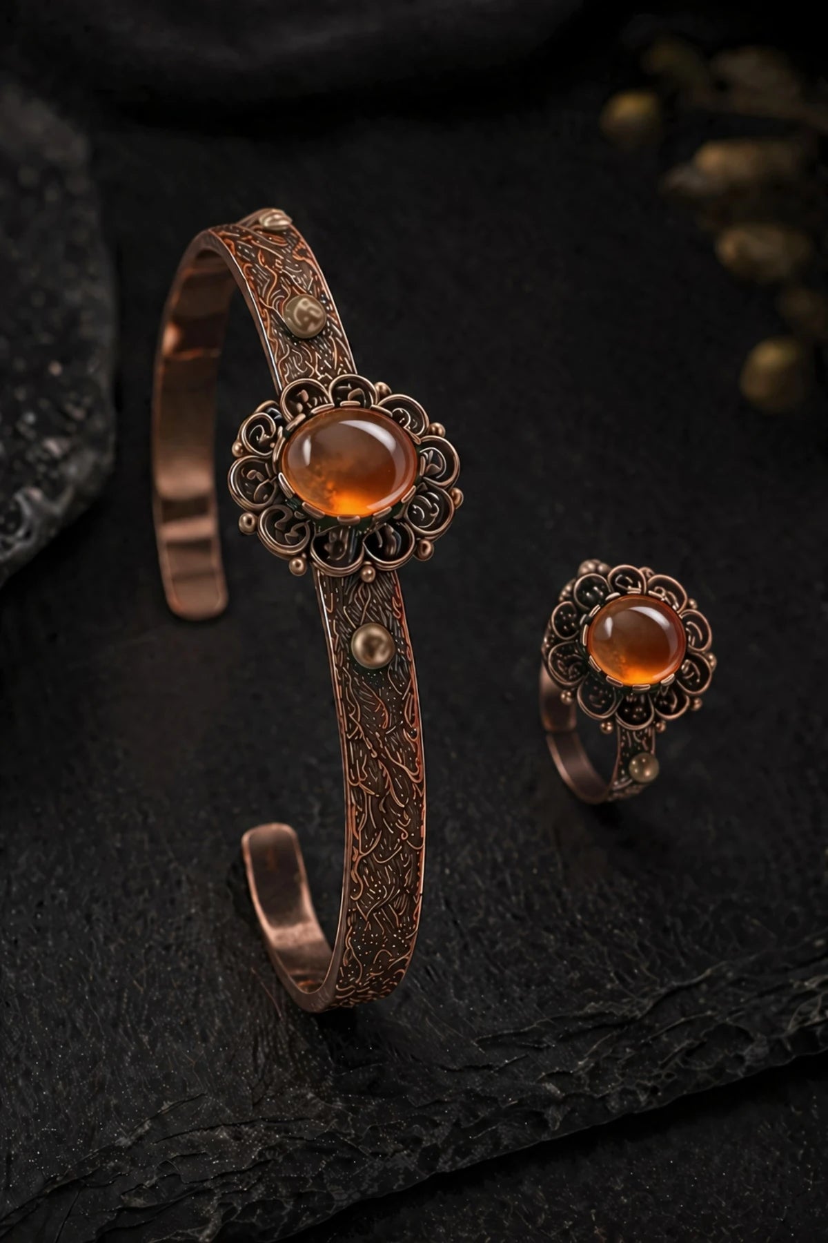 Kadın Bakır Bileklik Yüzük Set Doğal Turuncu Taşlı Otantik Model Set