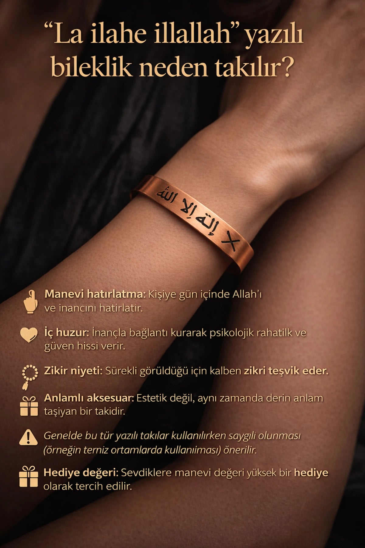 Erkek Kadın Bakır Bileklik La İlahe İllallah Duası Yazılı Saf Bakır Bileklik